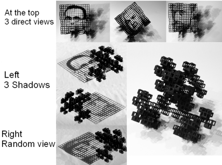 Gödel, Escher, Bach: 3 faces in a Minimal Object 3d printed Random, Direct View + Shadows