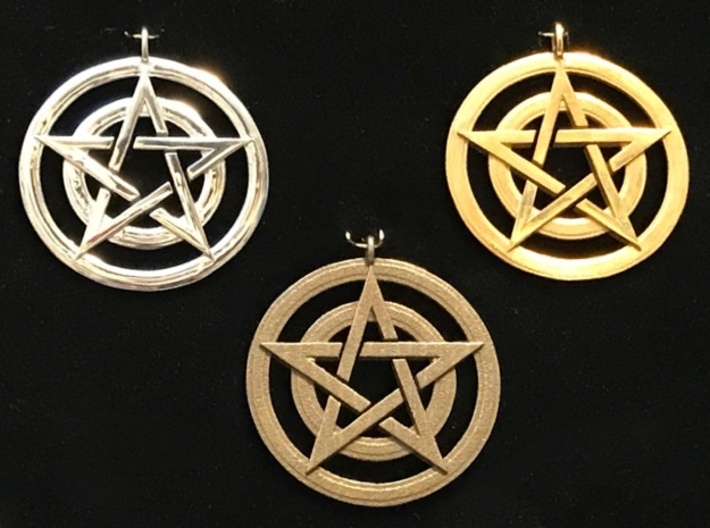 Pentacle Pendant - Circles 3d printed Pentacle circles pendants. Clockwise from upper left: rhodium-plated, 14K gold plated, stainless steel.