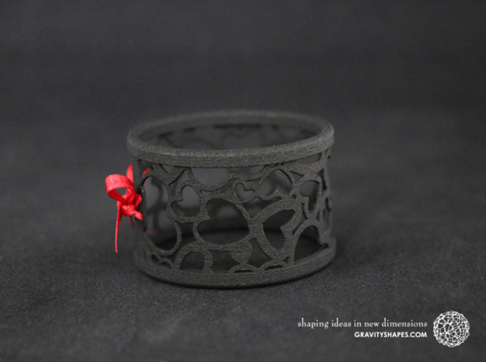  A large napkin ring with Hearts  3d printed The photo shows a print made of black strong and flexible incl. red lacing.