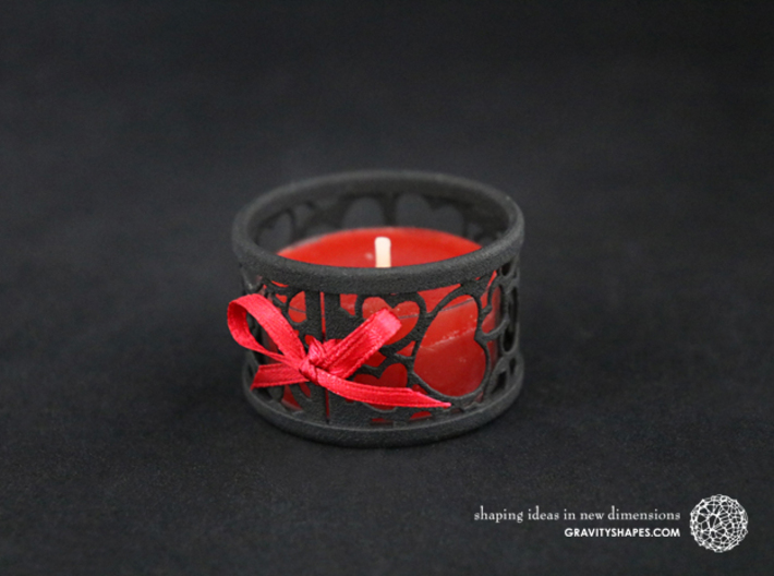 Small tealight holder with Hearts  3d printed The photo shows a print made of black strong and flexible incl. red lacing.