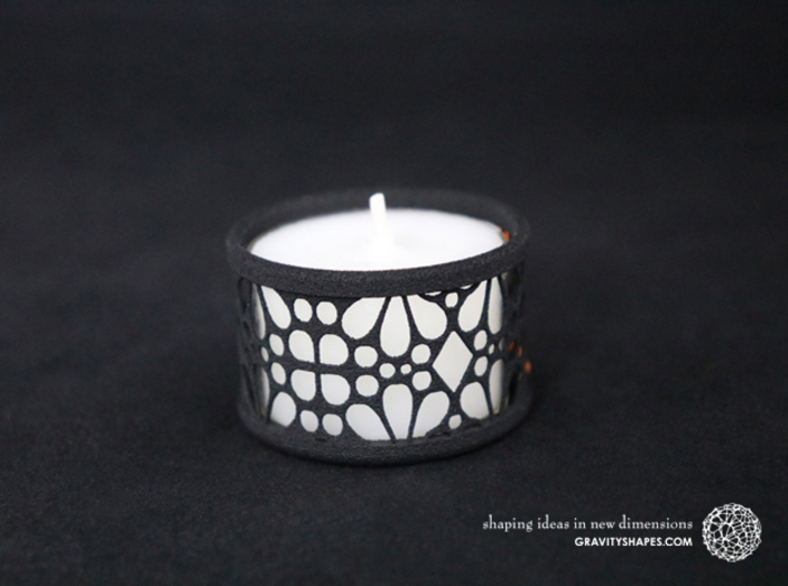 Set of 2 small tealight holders with Mosaic-3a 3d printed The photo shows a print made of black strong and flexible incl. orange lacing and a high 8h tealight candle.