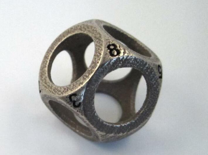 D8 Shell Dice 3d printed In Stainless Steel with manually inked numbers (perspective view)