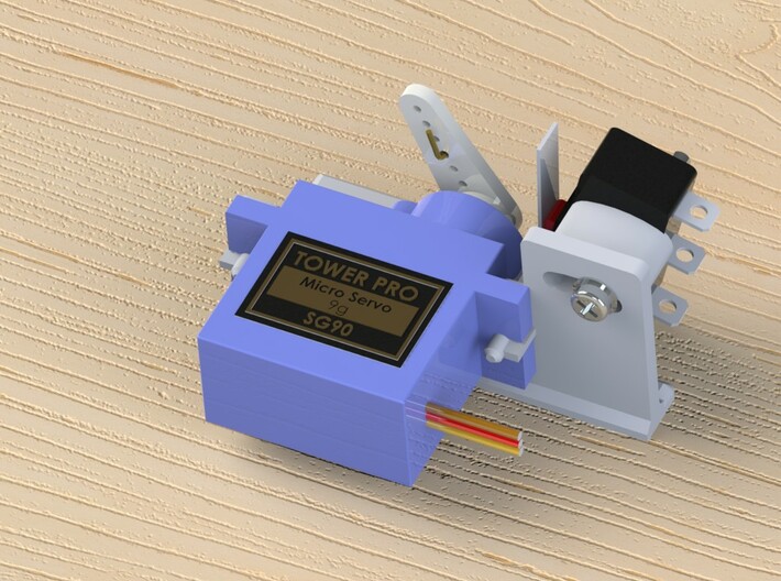 Railroad point, switch, turnout Servo Bracket x 12 3d printed CAD render showing Servo, Microswitch etc, assembled to bracket.
