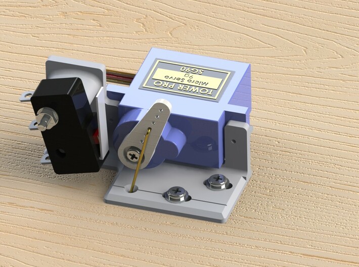 Railroad point, switch, turnout Servo Bracket x 1 3d printed CAD render showing the Servo, Microswitch etc assembled to the bracket.