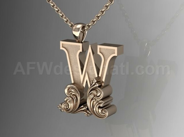 Scroll Letter W – Initial Letter Pendant 3d printed W Scroll Letter Rose Gold
