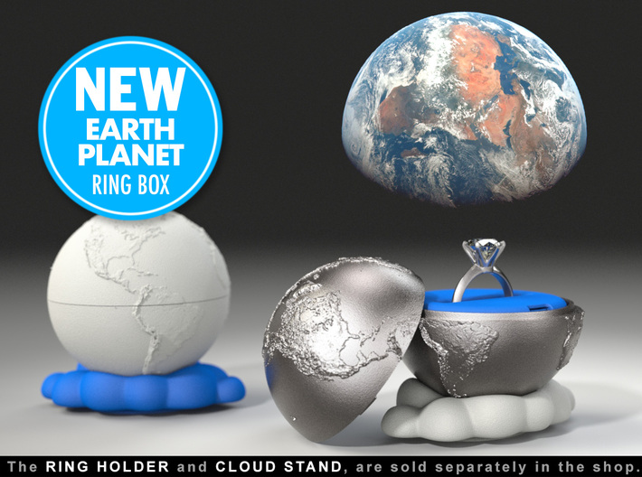 &quot;Earth Planet&quot; Proposal Engagement Ring Box 3d printed Ring Holder and Cloud Stand, sold separately at the Shop.