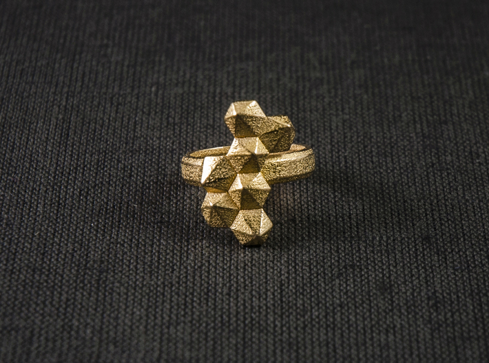 Hex Cluster Ring 3d printed Photo of the ring in Polished Gold Steel