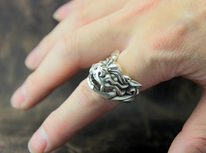 Fu Dog (Komainu) "a" Ring 3d printed This material is Polished Silver , Patinated with bleach