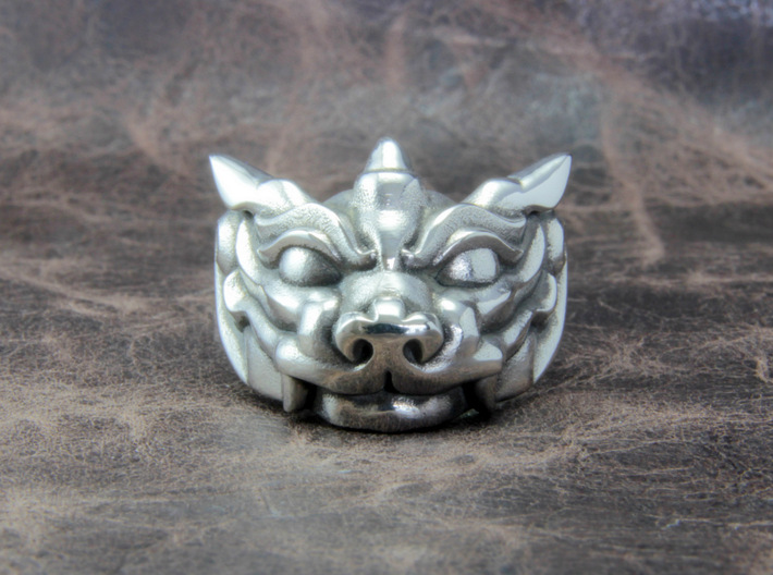 Fu Dog (Komainu) &quot;um&quot; Ring 3d printed This material is Polished Silver , Patinated with bleach