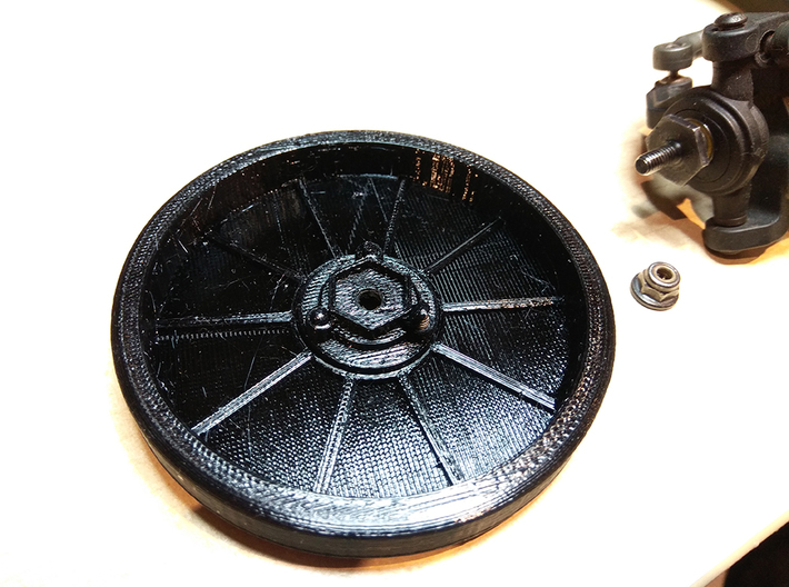 Setup Wheel Hub - 12mm hex hub normal length axle 3d printed Prototype Installed (back view)