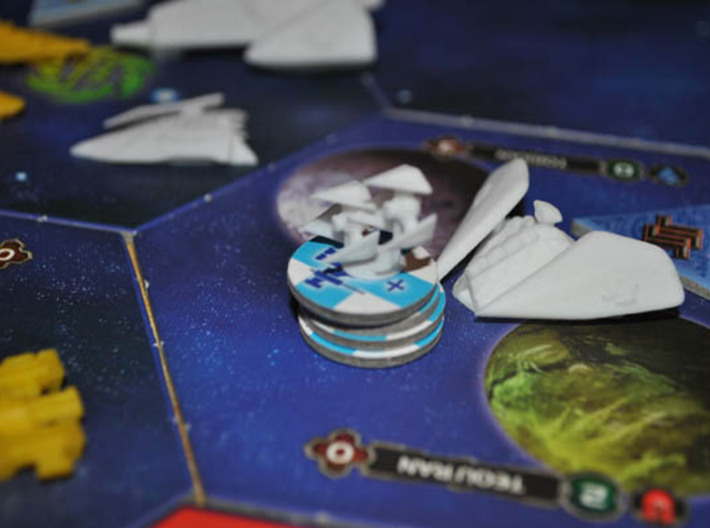 Robotic Fighter 3d printed L1Z1X fighters launched from a carrier in a game of Twilight Imperium 3