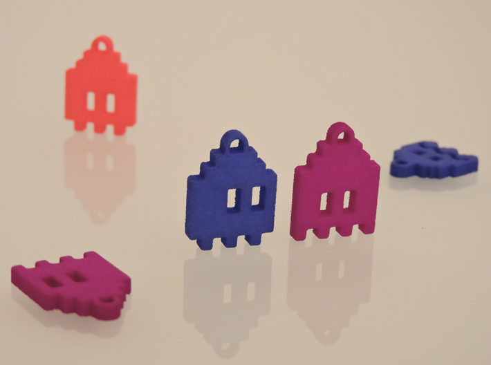 Pac Man Ghost 8-bit Earring 1 (looks down | moving 3d printed Purple Strong & Flexible Polished