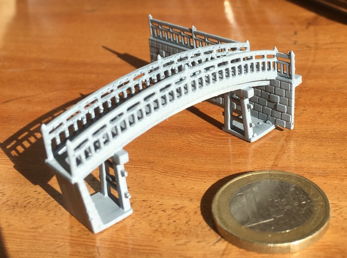 Japansese foot bridge 3d printed Japanese foot bridge with primer applied. The 1 euro coin illustrates the actual sized