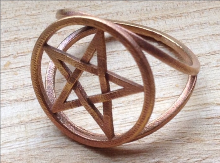 Pentacle ring - crossing 3d printed Another view of the ring in raw bronze.