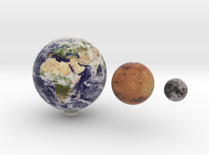 Earth, Moon & Mars to scale 3d printed 