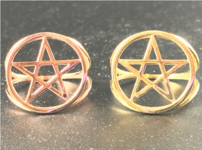 Pentacle ring 3d printed 14k Rose Gold Plated on the left, Polished Brass on the right.