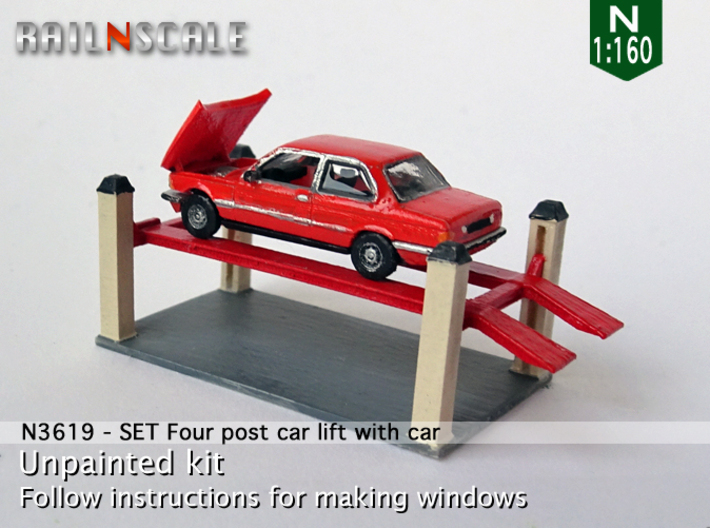 SET Four post car lift with car (N 1:160) 3d printed