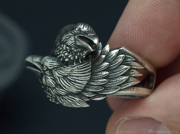 Two Ravens Ring 3d printed Antique Silver