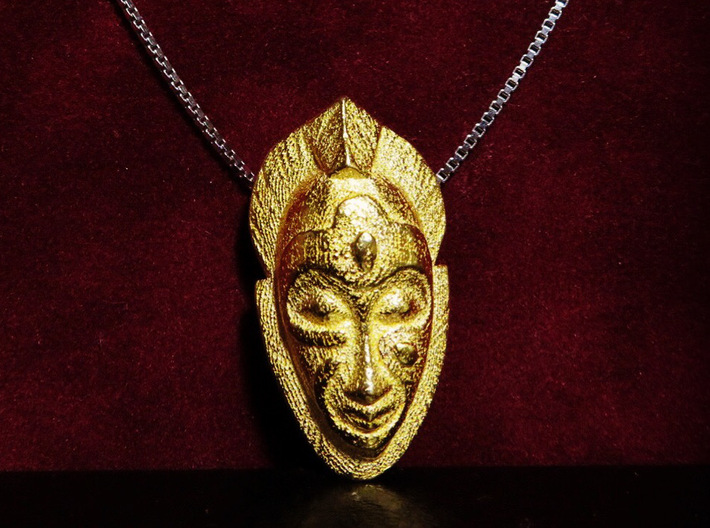 African Mask Necklace 3d printed Polished Gold steel - Small