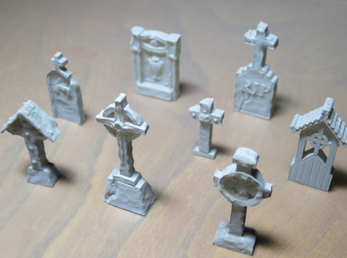 8 Spooky TOMBSTONES for tabletop gaming 3d printed fine detail plastic that has been primed
