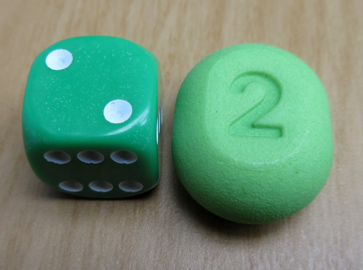 Two-sided dice 3d printed 2-sided die on right in comparison to standard 16mm d6