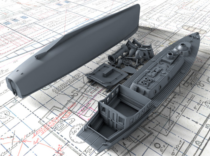 1/192 Royal Navy 50ft Steam Pinnace x1 3d printed 3D render showing kit parts