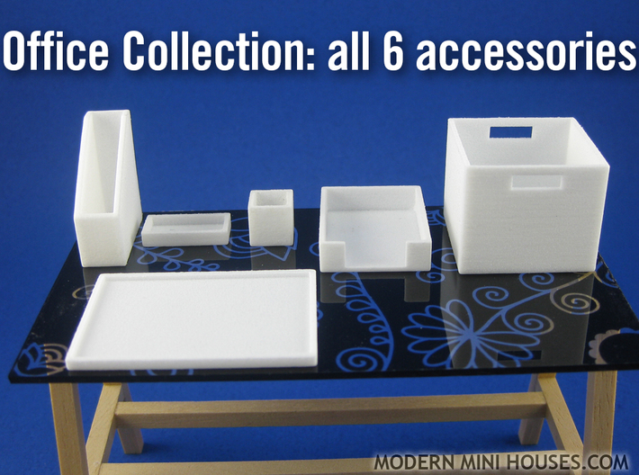 Office Collection 6-piece 1:12 scale accessories 3d printed White Strong &amp; Flexible Polished
