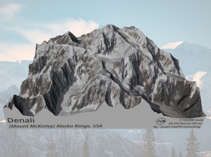 Denali (Mount McKinley) Map: 6&quot;x6&quot; 3d printed