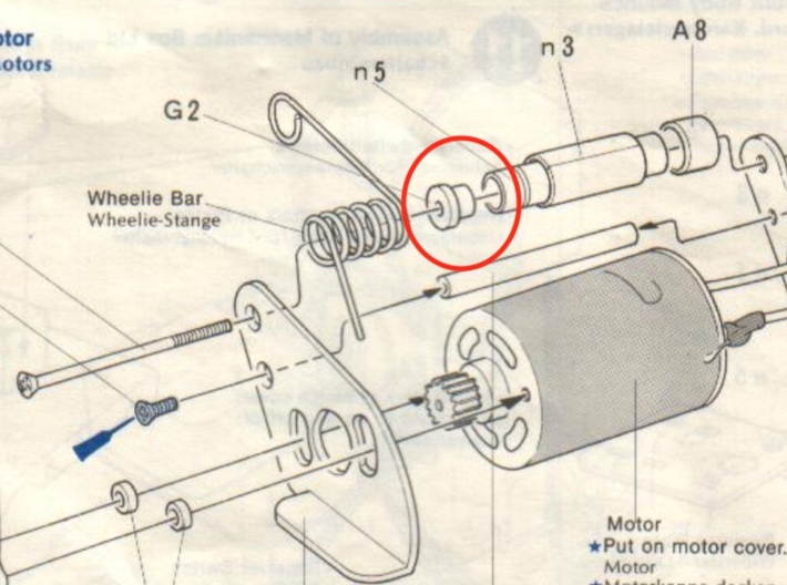 Tamiya Wild Willy, Willys Wheelie bar spacer G2  3d printed Extract from Manual showing part to be printed only item circled in red will be printed