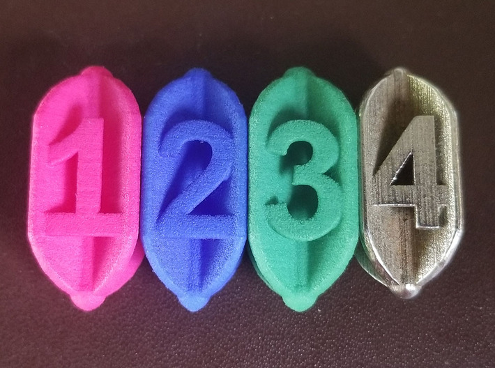 D4 Barrel/Crystal Style - Plunged Sides Dice 3d printed Multiple Colors of Nylon Plastic And Stainless Steel