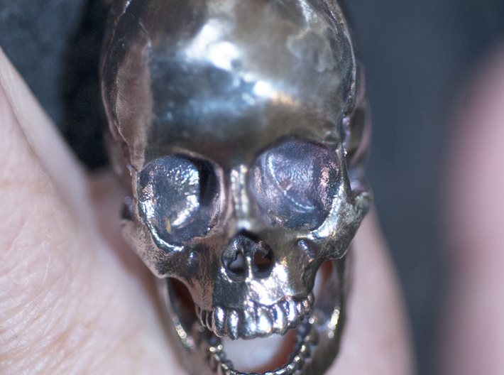 Human Skull Ring - Open Jaw 3d printed Sterling silver with a patina that I applied