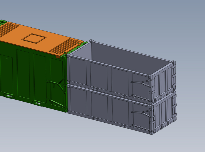 HO 1/87 EPIC Trash container 3-rib - forklift slot 3d printed CAD render, shown with one of my other MSW type containers.e