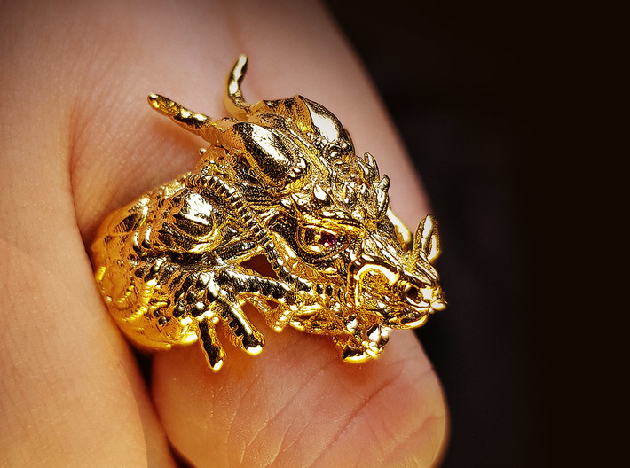 Supreme Mandarin Dragon Ring 3d printed Gold Plated with Ruby Eye