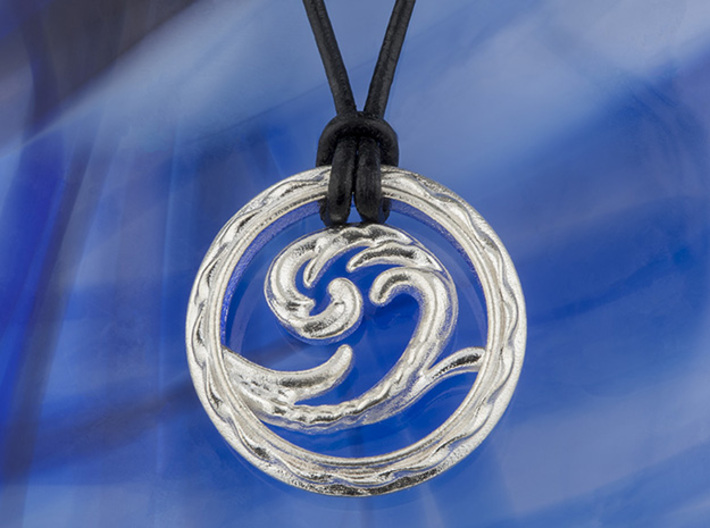 Big sea wave leather cord surfer pendant 3d printed Photo of Wave Pendant in Polished Silver