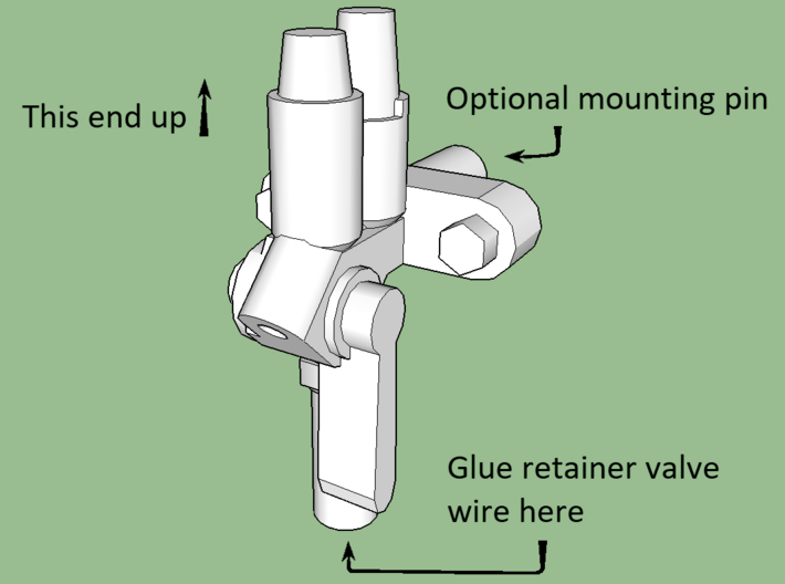HO Retainer Valve Bulk Packs 3d printed A simple orientation guide for mounting a valve.  For the retainer pipe, roughly 0.008" diameter wire would be about prototypical-- we won't judge you for using 0.010" or 0.012" wire instead.