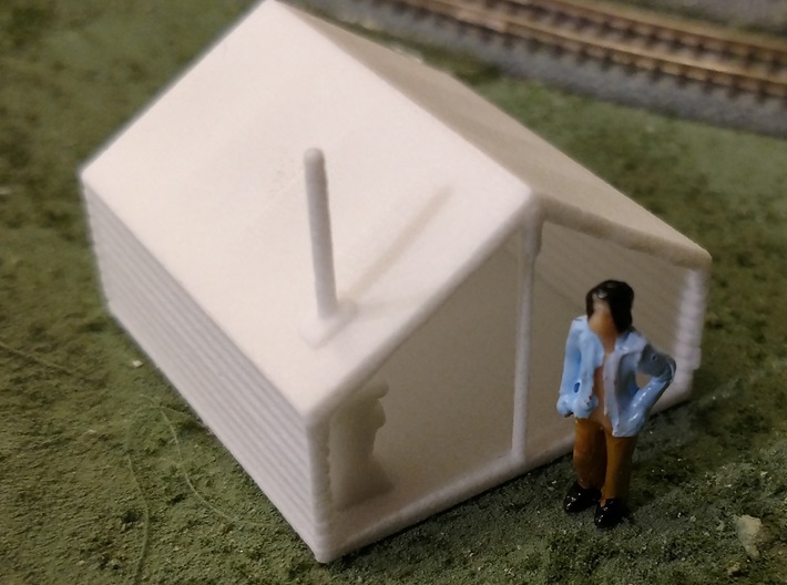 HO Scale Minner's Tent Cabin 3d printed WIth HO scale figure (not included) for scale.