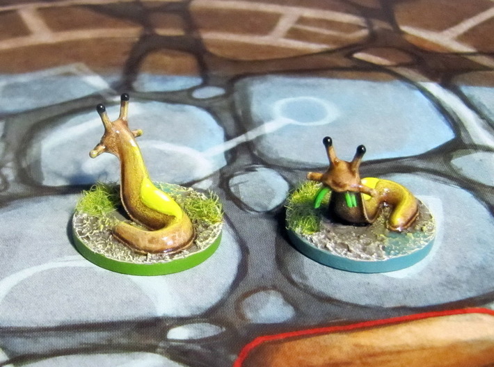 Slugs (4 pcs) - Mice &amp; Mystics 3d printed Models hand-painted, after a quick sanding (game board with flagstones copyright Plaid Hat Games).