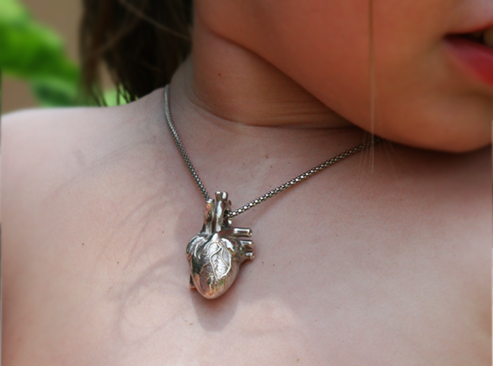 Anatomical Heart Pendant 3d printed Polished Silver