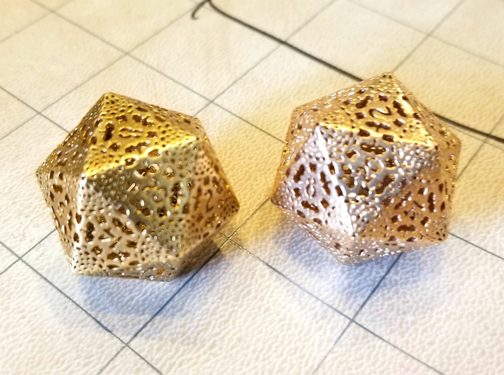 D20 Balanced - Lace 3d printed Brass (Left) and Bronze (Right)