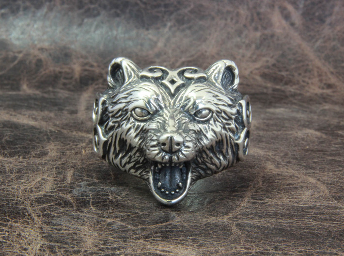 Bear Ring 3d printed This material is Polished Silver , Patinated with bleach