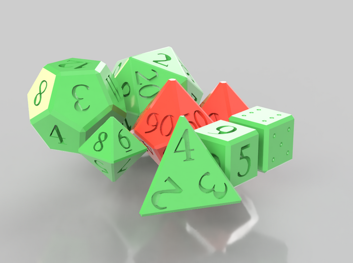 Full set of dice (d4,d6,d6,d8,d10,d00,d12,d20) 3d printed 