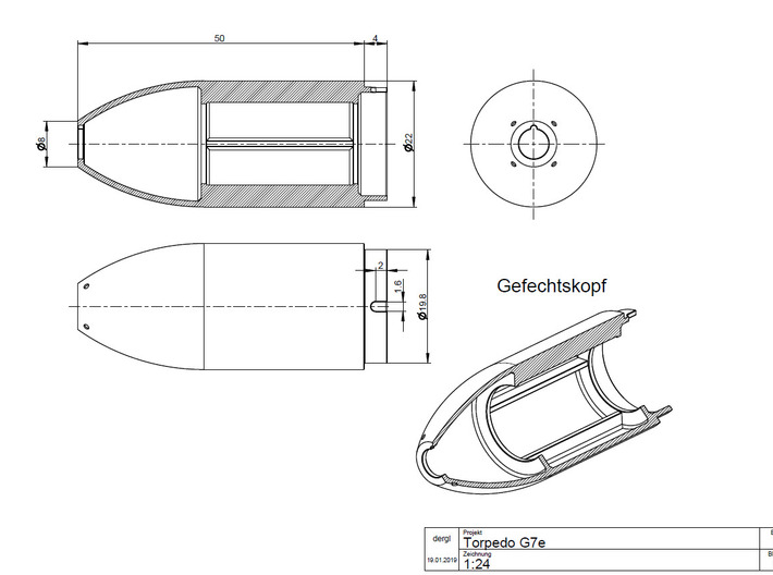 Gefechtskopf Torpedo G7e 1:24 3d printed 