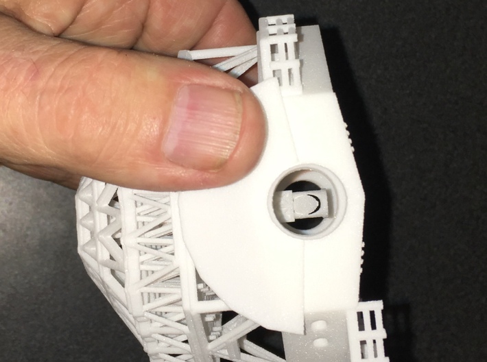 Part 2 of 3: Keck-Telescope-Lower-v7 (1:170) 3d printed For more realism, add reflective material, such as silver ink, to the small, slanted oval Tertiary Mirror piece visible through the elevation ring.
