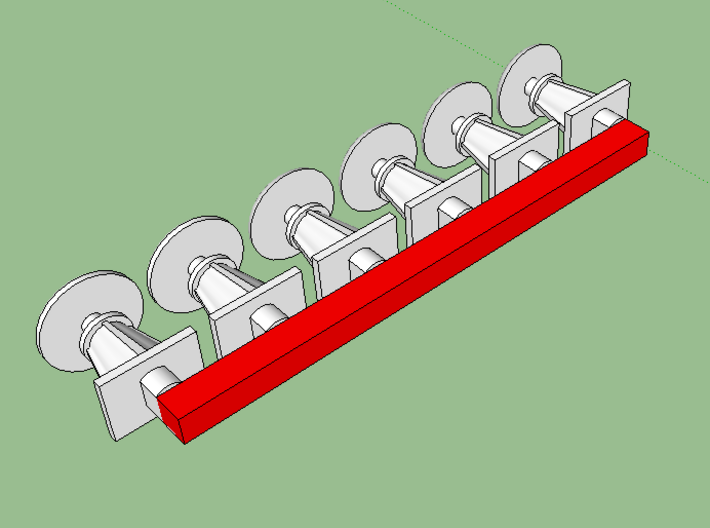 HO/OO Buffer Set, Short-Shank 3d printed Red-shaded areas represent sprues that must be removed.