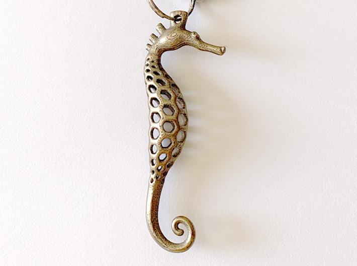 Seahorse Pendant 3d printed Polished Bronze Steel