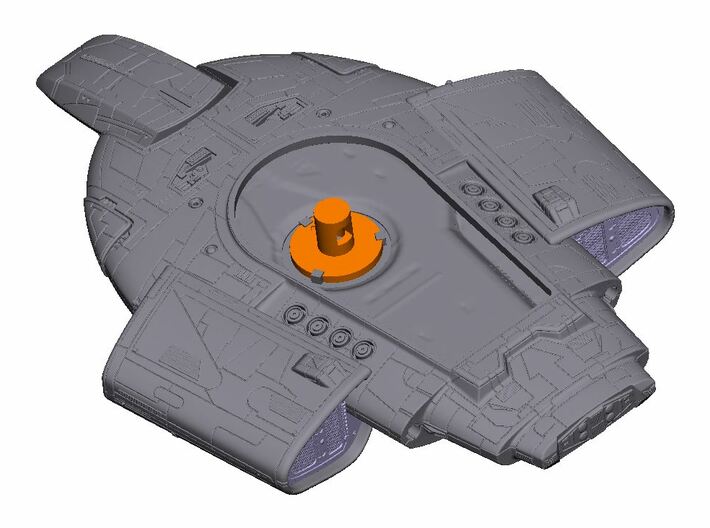 1:1400 Defiant Top Hull (Pt 1 of 3) 3d printed Orange shaded piece is a replaceable section which holds a support arm and is replaceable with a future shuttle bay 