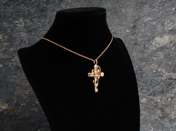 Steampunk Cross Pendant - Christian Jewelry 3d printed Steampunk Cross Pendant in polished bronze