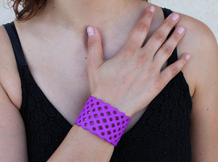 Circles &amp; Squares Cuff (Size M) 3d printed Printed in Purple Polished Strong &amp; Flexible Plastic