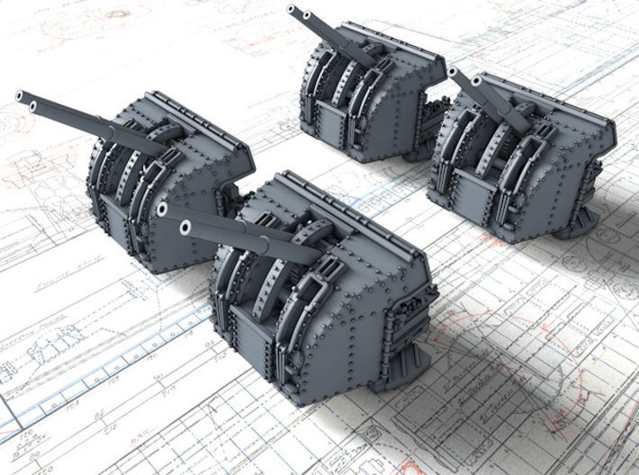 1/500 RN 4"/45 (10.2 cm) QF Mark XVI Guns x4 3d printed 3d render showing adjustable Barrels
