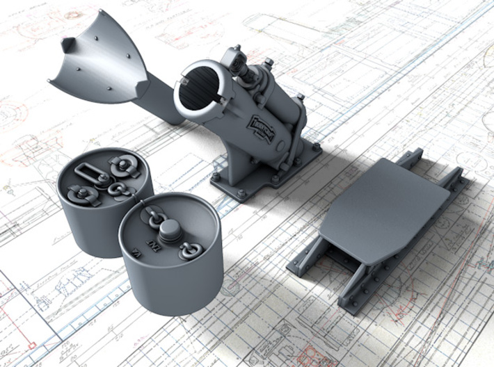 1/144 Royal Navy MKII Depth Charge Throwers x2 3d printed 3d render showing product parts